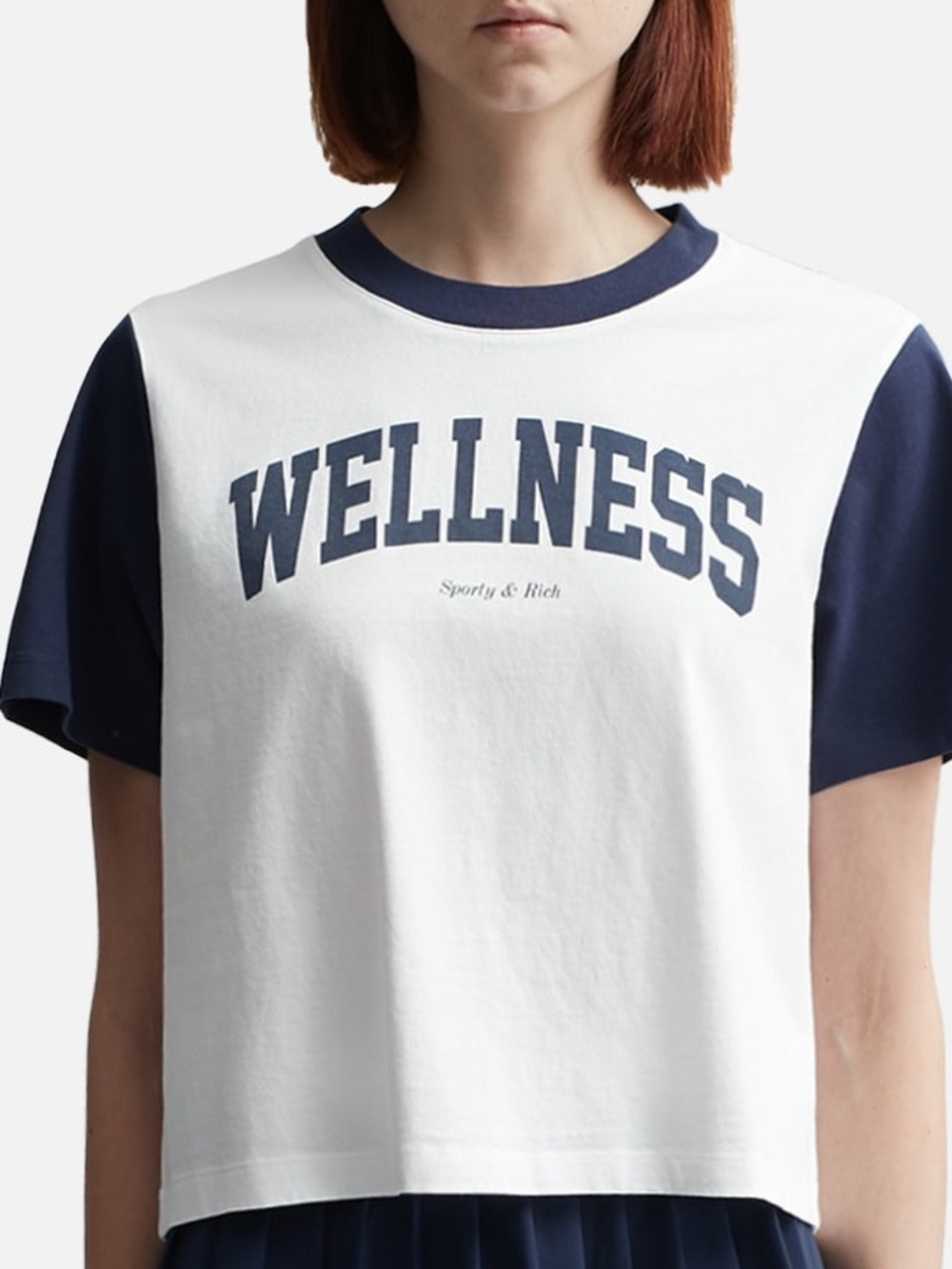 Sporty & Rich White Navy 'WELLNESS' Colorblock Cropped Tee